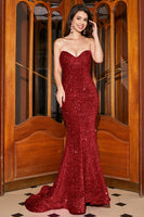 Load image into Gallery viewer, Red Mermaid Sweetheart Sweep Train Prom Dress With Sequins