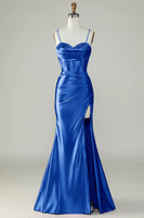 Load image into Gallery viewer, Orange Mermaid Spaghetti Straps Long Corset Prom Dress With Slit