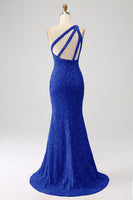 Load image into Gallery viewer, Sparkly Orange Mermaid One Shoulder Sequins Prom Dress with Slit