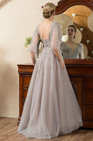 Load image into Gallery viewer, Grey A Line Beading Glitter Mother of Bride Dress