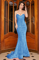 Load image into Gallery viewer, Sparkly Mermaid Sweetheart Sweep Train Black Prom Dress With Sequins