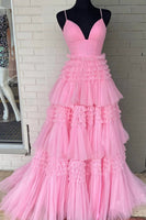 Load image into Gallery viewer, Beige Tulle Tiered Spaghetti Straps Long Prom Dress with Slit