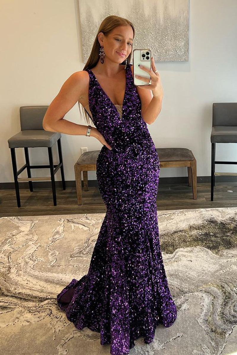 Load image into Gallery viewer, Purple Deep V Neck Mermaid Prom Dress