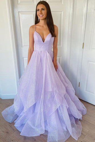 Glitter Lilac Spaghetti Straps Prom Dress