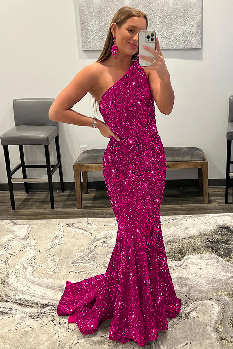 Queendancer Women Hot Pink One Shoulder Prom Dress Glitter Sequins Backless Evening Dress queendanceruk Queendancer Women Hot Pink One Shoulder Prom Dress Glitter Sequins Backless Evening Dress queendanceruk