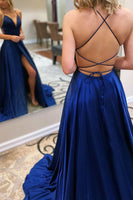 Load image into Gallery viewer, A-Line V-Neck Satin Black Long Prom Dress with Slit