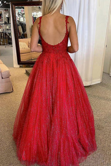 Red A-line Backless Glitter Prom Dress