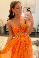 Load image into Gallery viewer, Orange Sweetheart Long Prom Dress with Appliques