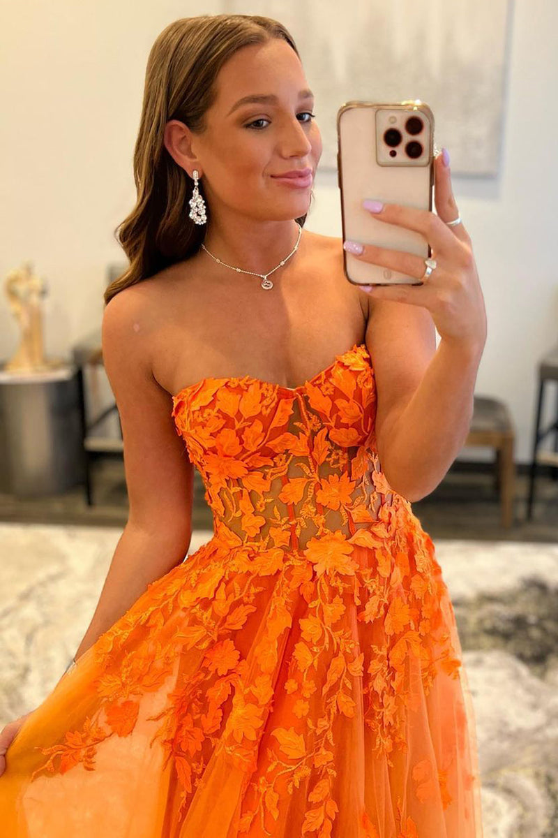 Load image into Gallery viewer, Orange Sweetheart Long Prom Dress with Appliques