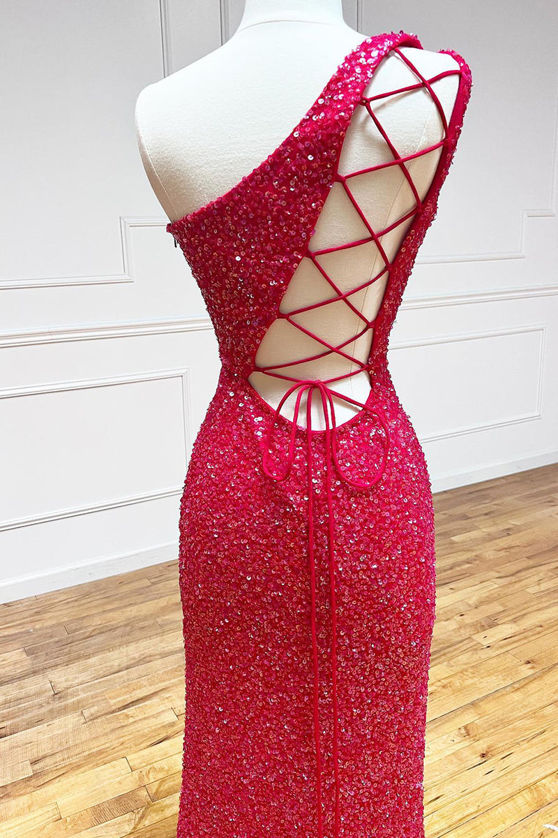 Load image into Gallery viewer, Sheath One Shoulder White Sequins Long Prom Dress with Split Front