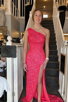 Load image into Gallery viewer, Sheath One Shoulder White Sequins Long Prom Dress with Split Front