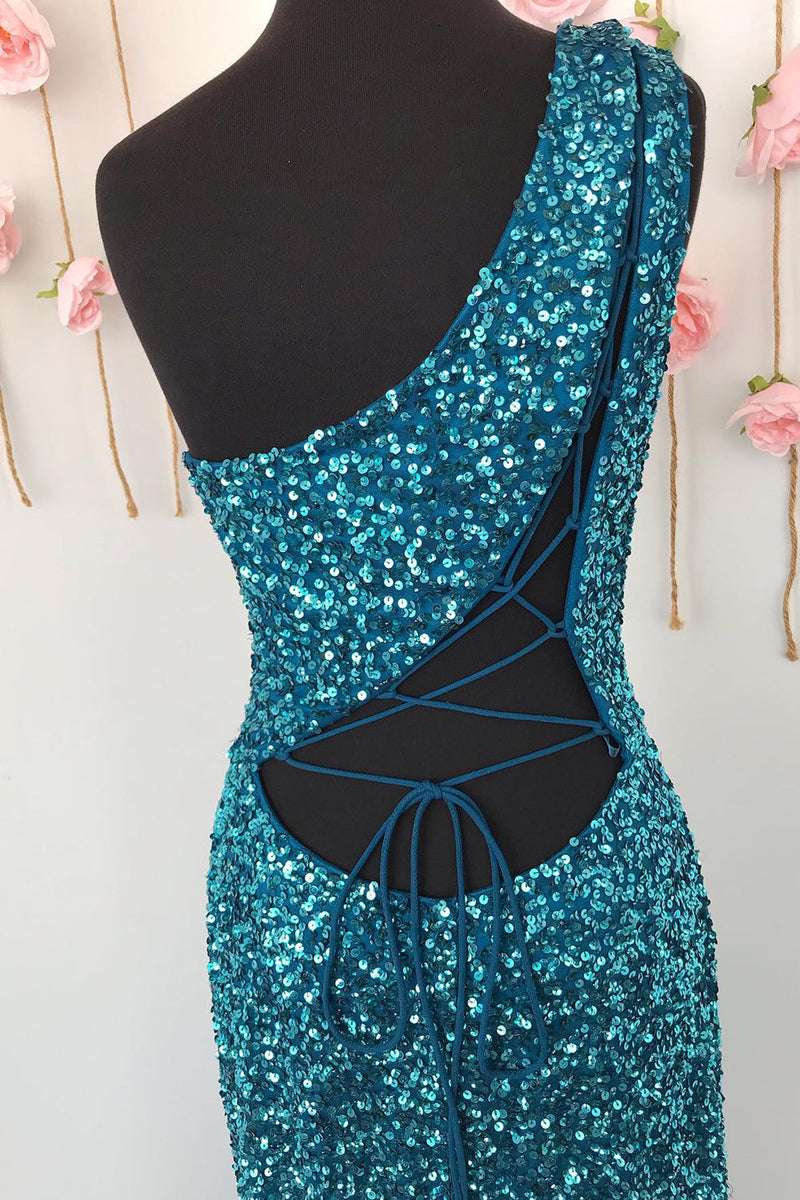 Load image into Gallery viewer, Sheath One Shoulder White Sequins Long Prom Dress with Split Front