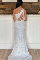Load image into Gallery viewer, Sheath One Shoulder White Sequins Long Prom Dress with Split Front
