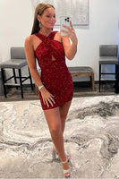 Load image into Gallery viewer, Orange Glitter Halter Backless Sequins Tight Party Dress
