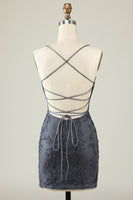 Load image into Gallery viewer, Spaghetti Straps Grey Bodycon Homecoming Dress with Appliques