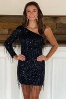 Load image into Gallery viewer, Sheath One Shoulder Black Sequins Party Dress with Tassel