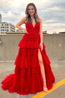 Load image into Gallery viewer, Beige Tulle Tiered Spaghetti Straps Long Prom Dress with Slit