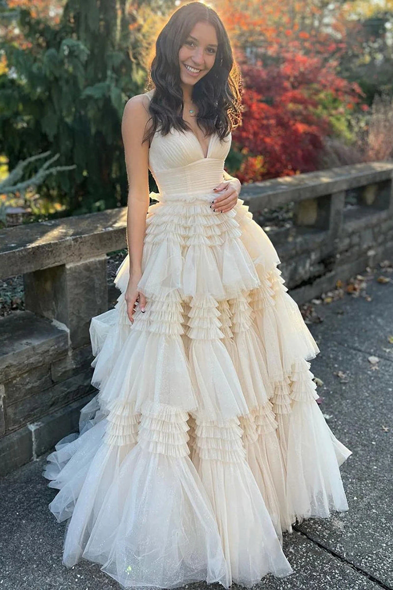Queendancer Women Beige Tiered Long Prom Dress with Slit Tulle Spaghetti Straps Party Dress queendanceruk Queendancer Women Beige Tiered Long Prom Dress with Slit Tulle Spaghetti Straps Party Dress queendanceruk