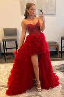 Load image into Gallery viewer, Red Beaded A-Line Tiered High Low Prom Dress