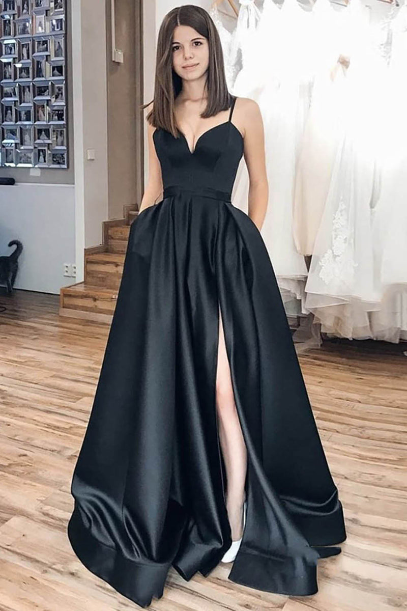 Queendancer Women Satin Black Long Prom Dress with Pockets A-Line Spaghetti Straps Formal Dress with Slit queendanceruk Queendancer Women Satin Black Long Prom Dress with Pockets A-Line Spaghetti Straps Formal Dress with Slit queendanceruk
