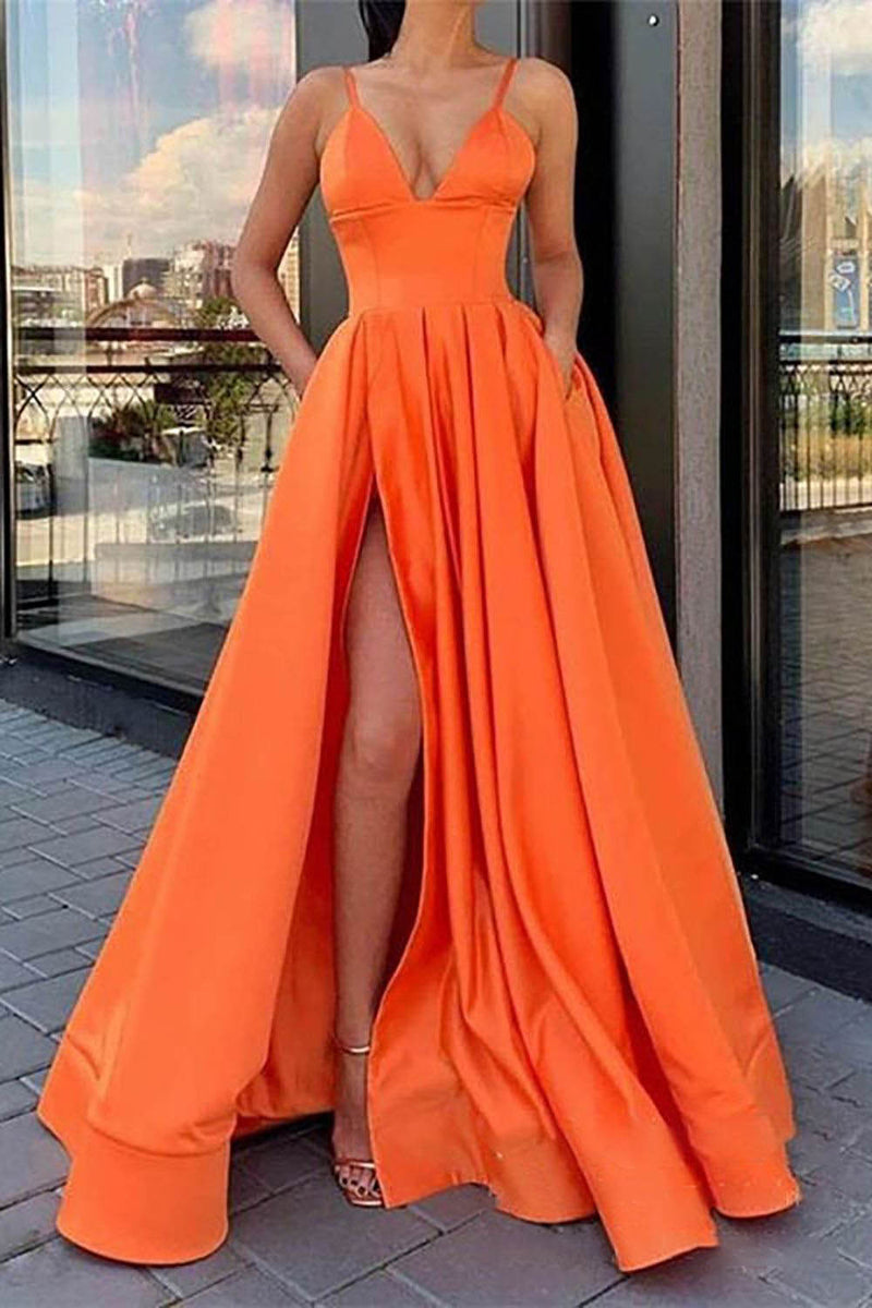 Load image into Gallery viewer, A-Line Spaghetti Straps Satin Black Long Prom Dress with Pockets