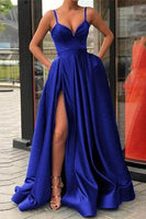 Load image into Gallery viewer, A-Line Spaghetti Straps Satin Black Long Prom Dress with Pockets