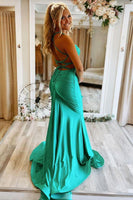 Load image into Gallery viewer, Mermaid Spaghetti Straps Green Long Prom Dress with Criss Cross Back
