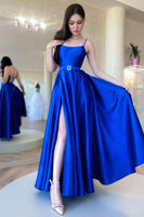 Load image into Gallery viewer, A Line Spaghetti Straps Royal Blue Long Prom Dress with Split Front