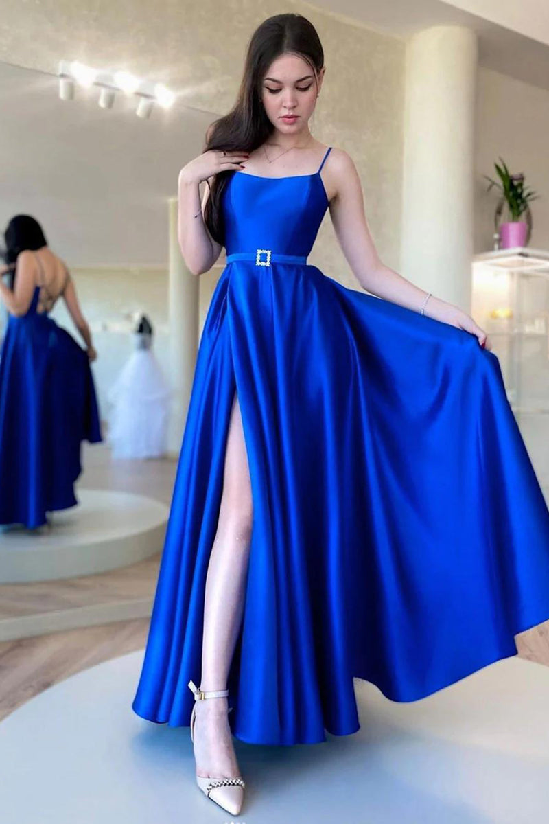 Load image into Gallery viewer, A Line Spaghetti Straps Royal Blue Long Prom Dress with Split Front