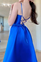 Load image into Gallery viewer, A Line Spaghetti Straps Royal Blue Long Prom Dress with Split Front