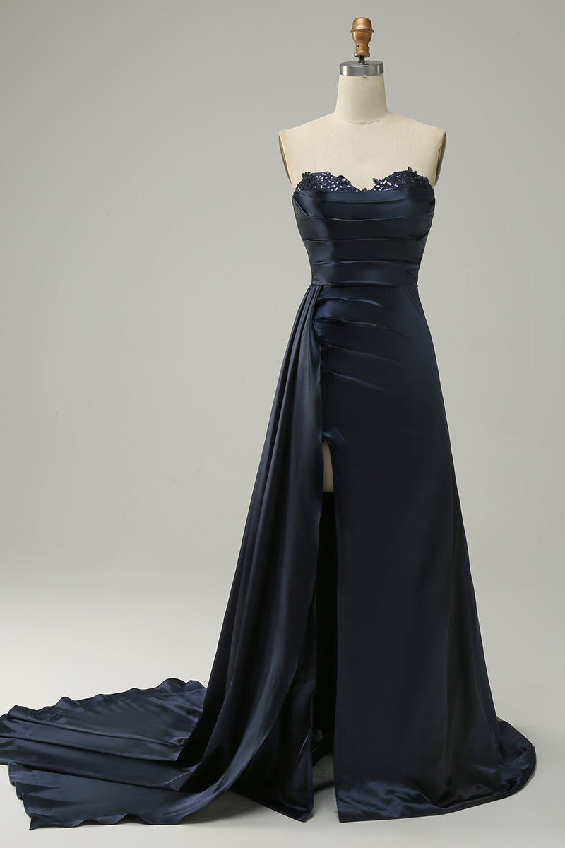Load image into Gallery viewer, A Line Sweethaert Navy Blue Long Prom Dress with Split Front
