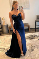 Load image into Gallery viewer, A Line Sweethaert Navy Blue Long Prom Dress with Split Front