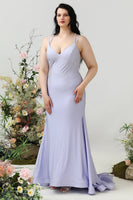 Load image into Gallery viewer, Mermaid Spaghetti Straps Lilac Plus Size Prom Dress with Criss Cross Back