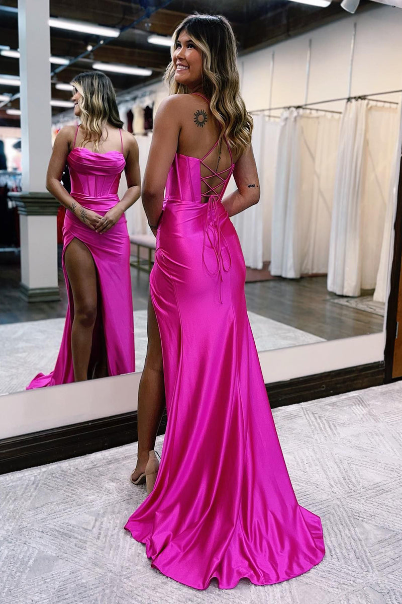 Queendancer Women Hot Pink Long Prom Dress with Slit Mermaid Satin  Spaghetti Straps Formal Dress – queendanceruk