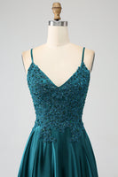 Load image into Gallery viewer, Peacock Green A-Line Spaghetti Straps Long Prom Dress with Slit