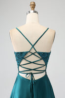 Load image into Gallery viewer, Peacock Green A-Line Spaghetti Straps Long Prom Dress with Slit