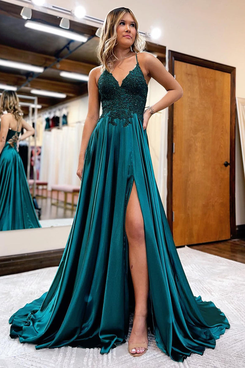 Queendancer Women Dark Green Long Prom Dress with Slit Satin A-Line Lace-Up Back Formal Dress with Appliques queendanceruk Queendancer Women Dark Green Long Prom Dress with Slit Satin A-Line Lace-Up Back Formal Dress with Appliques queendanceruk