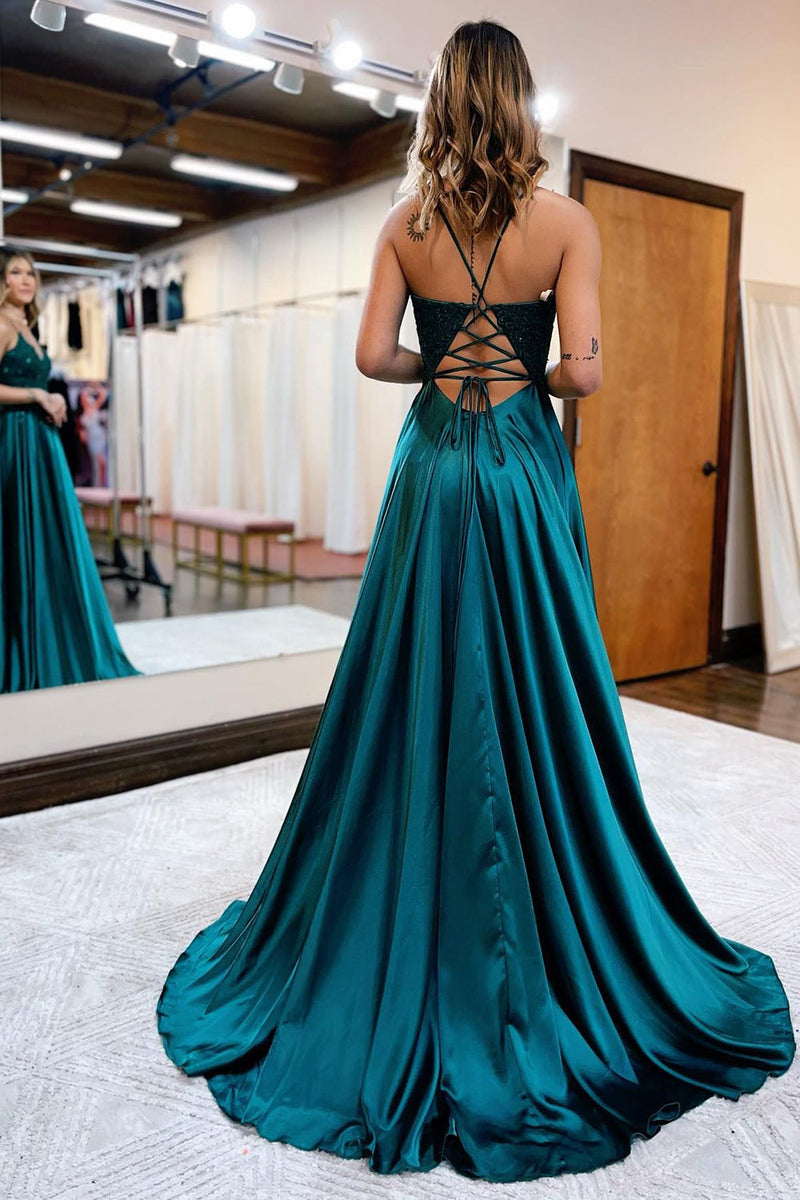 Queendancer Women Dark Green Long Prom Dress with Slit Satin A-Line Lace-Up Back Formal Dress with Appliques queendanceruk Queendancer Women Dark Green Long Prom Dress with Slit Satin A-Line Lace-Up Back Formal Dress with Appliques queendanceruk