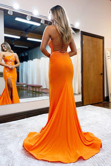 Mermaid One Shoulder Orange Long Prom Dress with Star Appliques
