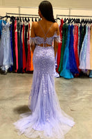 Load image into Gallery viewer, Mermaid Off the Shoulder Lilac Long Prom Dress with Feathers