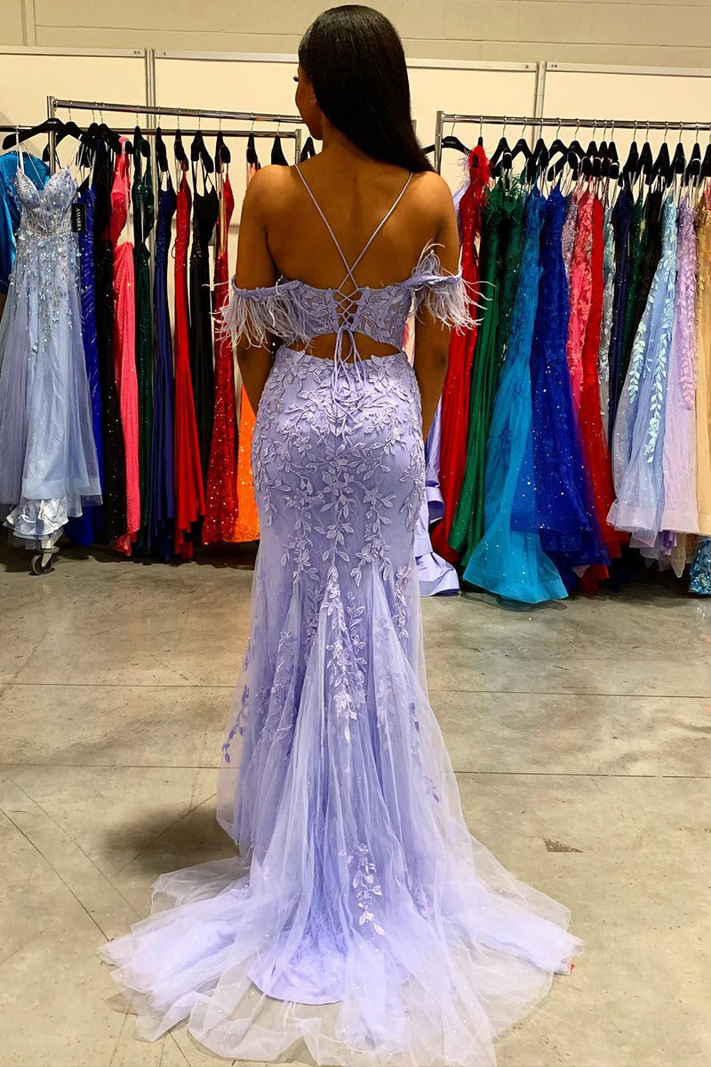 Load image into Gallery viewer, Mermaid Off the Shoulder Lilac Long Prom Dress with Feathers