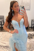 Load image into Gallery viewer, Sheath Sweetheart Light Blue Sequins Long Prom Dress with Feather