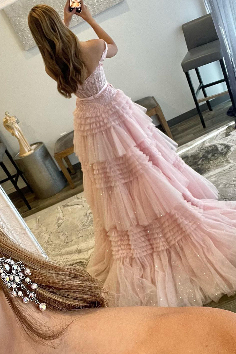 Queendancer Women Light Pink Tiered Long Prom Dress Princess A Line Off the Shoulder Formal Dress with Ruffles queendanceruk Queendancer Women Light Pink Tiered Long Prom Dress Princess A Line Off the Shoulder Formal Dress with Ruffles queendanceruk