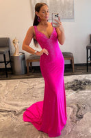 Load image into Gallery viewer, Mermaid V Neck Hot Pink Long Prom Dress with Beading