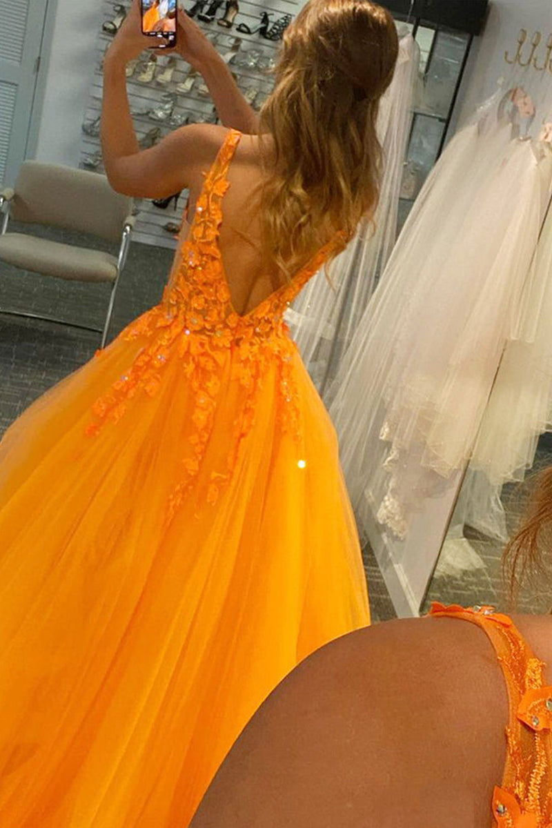Load image into Gallery viewer, A Line V Neck Orange Prom Dress with Appliques