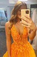 Load image into Gallery viewer, Princess A Line Deep V Neck Blush Long Prom Dress with Appliques