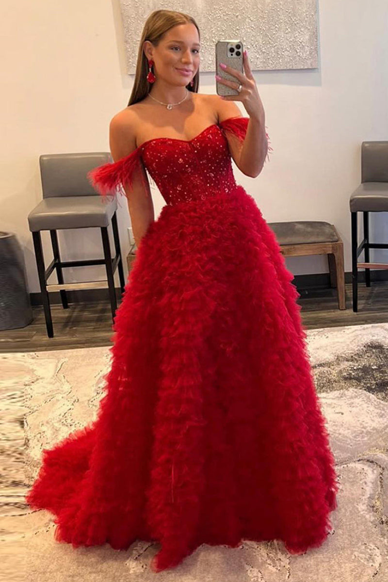 Load image into Gallery viewer, Red Off the Shoulder A-Line Princess Prom Dress