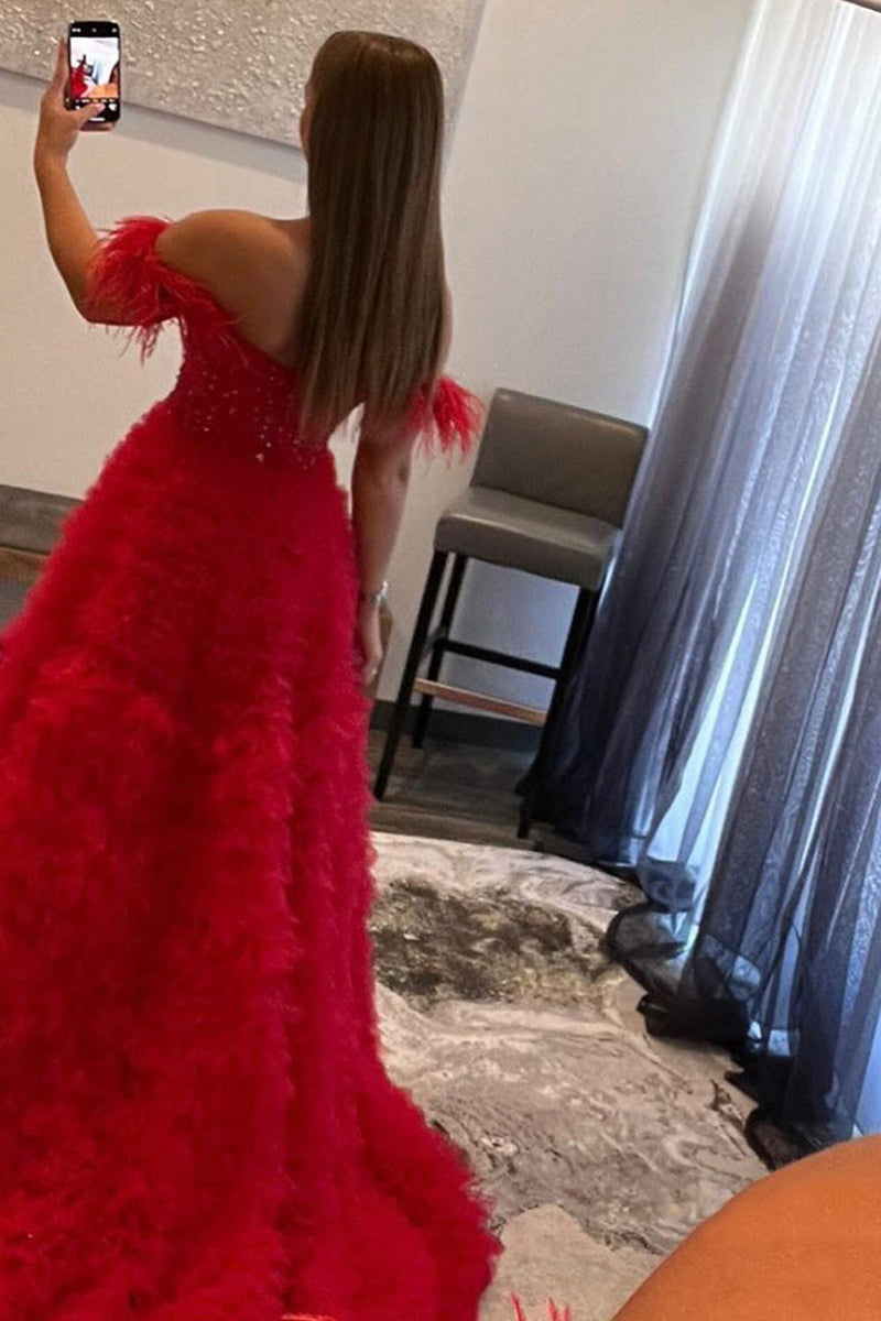 Load image into Gallery viewer, Red Off the Shoulder A-Line Princess Prom Dress