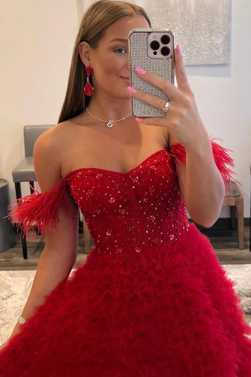 Queendancer Women Sparkly Red Princess Long Prom Dress with Ruffles Off the Shoulder Party Dress with Feathers queendanceruk