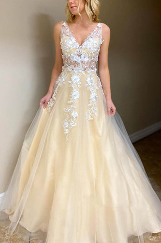 A-Line V-Neck Champagne Long Prom Dress with Appliques